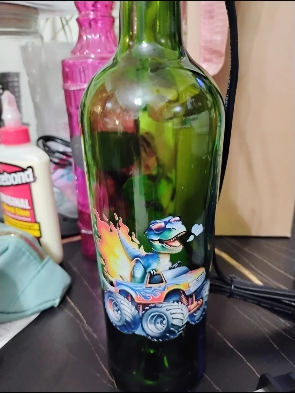 Green Glass Bottle Table Lamp with Colorful Car Art